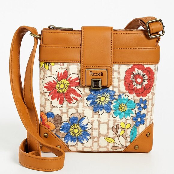 Rosetti Floral Canvas Crossbody Bag with Tan Faux Leather Trim – Boho Chic Purse - Picture 1 of 7